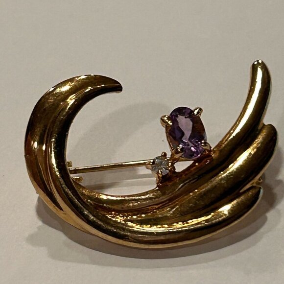 Purple Amethyst Diamond Swirl Brooch Gold Tone Vintage Signed Korea Mid Century - Picture 7 of 8